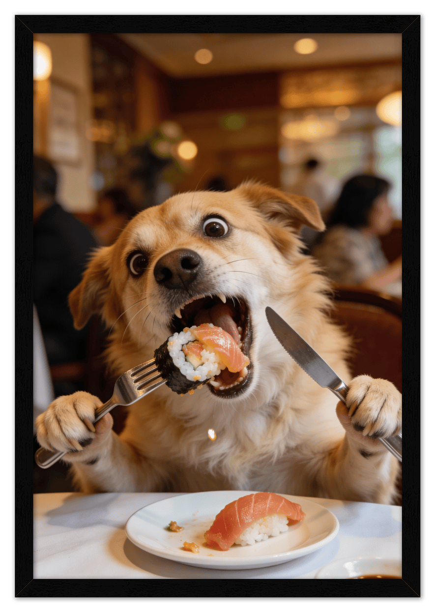 Custom Pet Portrait Eating Sushi from Photo - Vintage Quirky Home Decor, Cute Funny Animal Poster, Personalized Dog or Cat Wall Art, Adorable Keepsake Gifts for Pet Lovers, Unique Humorous Artwork - Front View