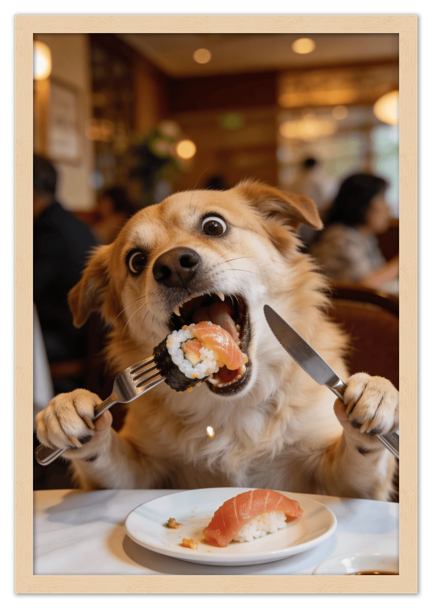 Custom Pet Portrait Eating Sushi from Photo - Vintage Quirky Home Decor, Cute Funny Animal Poster, Personalized Dog or Cat Wall Art, Adorable Keepsake Gifts for Pet Lovers, Unique Humorous Artwork - Front View