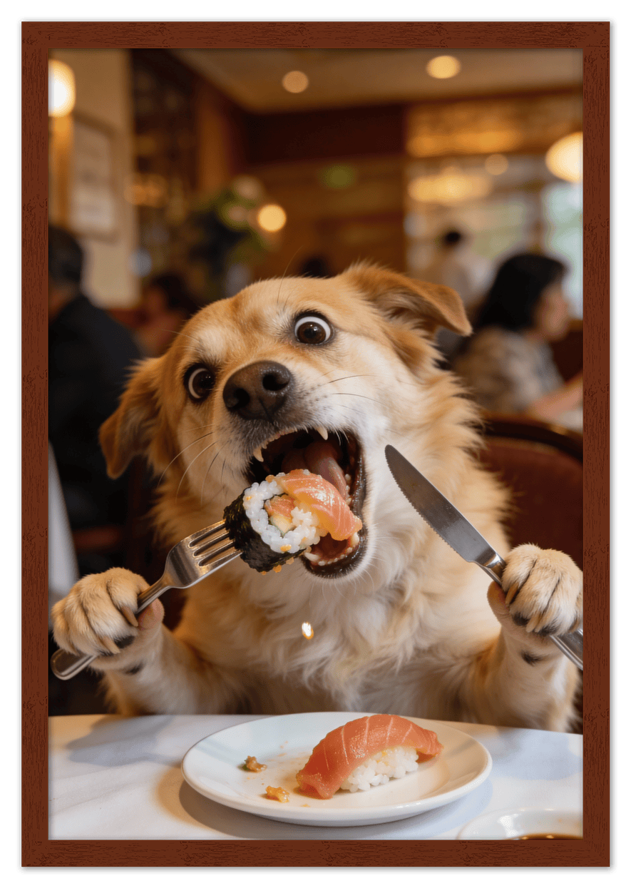 Custom Pet Portrait Eating Sushi from Photo - Vintage Quirky Home Decor, Cute Funny Animal Poster, Personalized Dog or Cat Wall Art, Adorable Keepsake Gifts for Pet Lovers, Unique Humorous Artwork - Front View