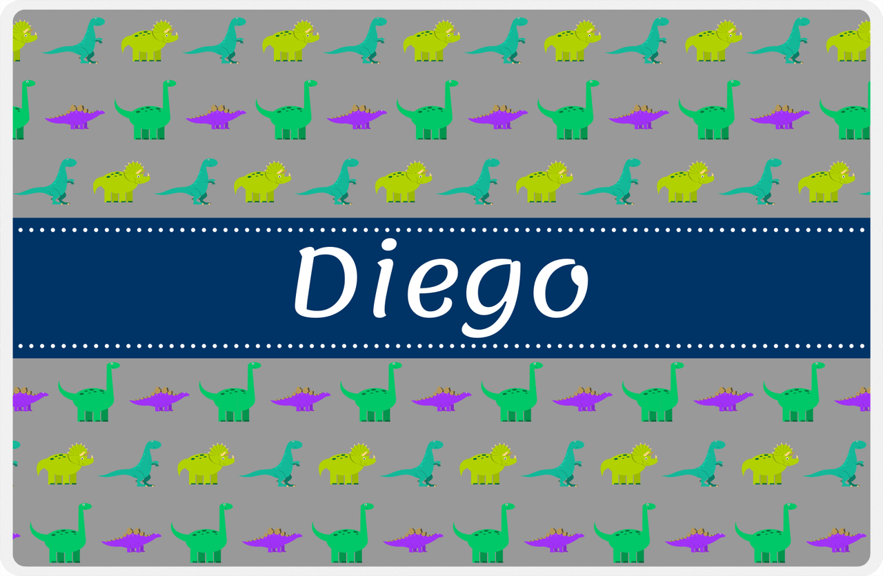 Personalized Dinosaur Placemat - Dinosaur V - Dark Grey With Navy Ribbon Nameplate -  View