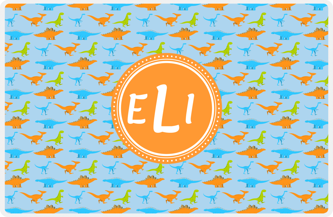 Personalized Dinosaur Placemat - Dinosaur VI - Blue with Orange Circle Nameplate -  View