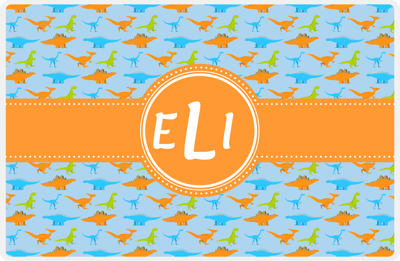 Personalized Dinosaur Placemat - Dinosaur VI - Blue with Orange Circle Ribbon Nameplate -  View