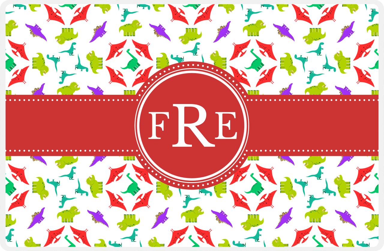 Personalized Dinosaur Placemat - Dinosaur VII - White with Red Circle Ribbon Nameplate -  View