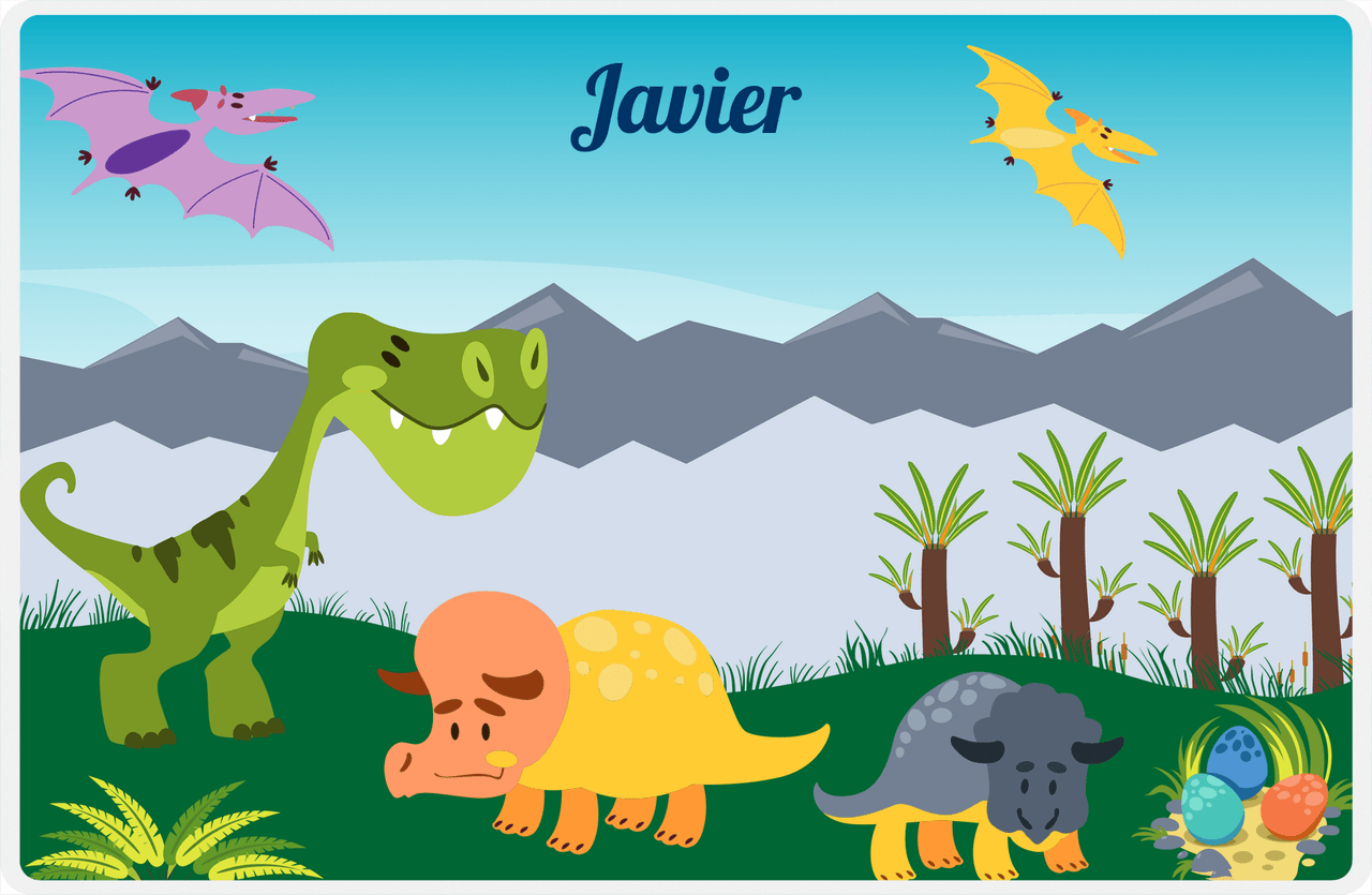 Personalized Dinosaur Placemat - Dinosaur VIII - Dark Green Grass with Clear Sky -  View