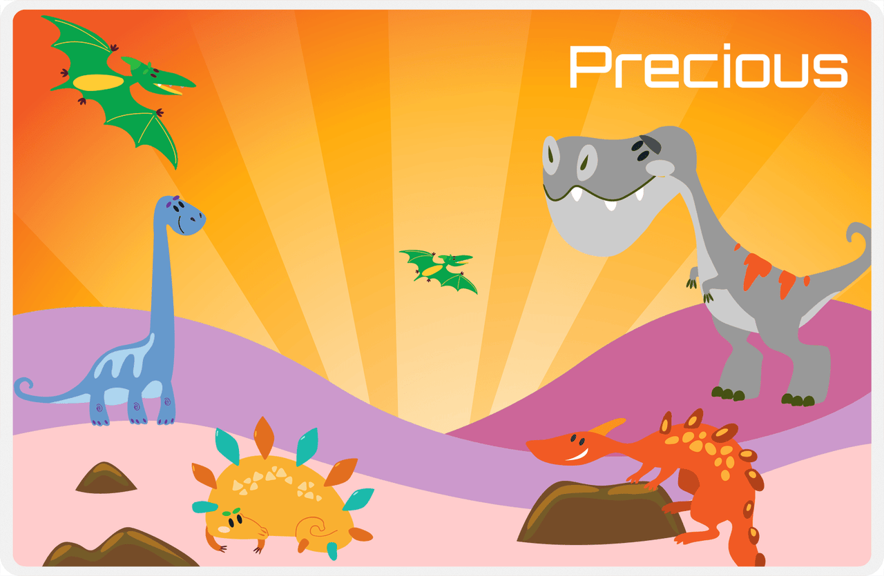 Personalized Dinosaur Placemat - Dinosaur IX - Pink Grass without Volcano -  View