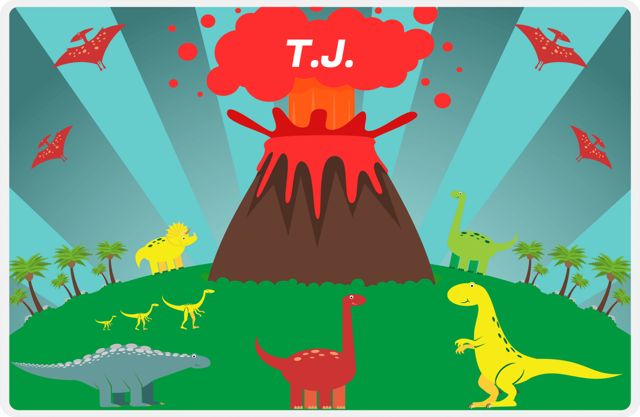 Personalized Dinosaur Placemat - Dinosaur II - Teal Striped Background -  View