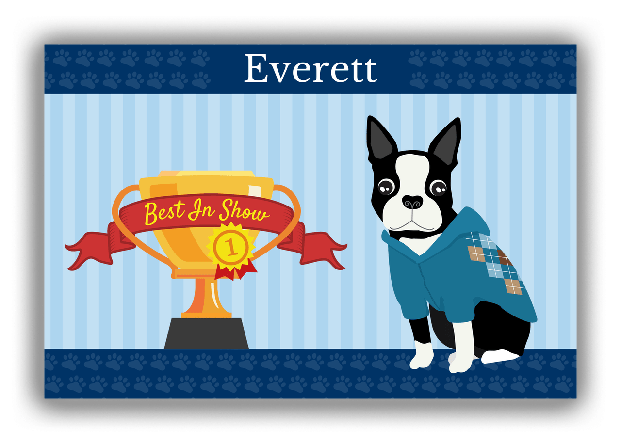 Personalized Dogs Canvas Wrap & Photo Print XX - Blue Background - Boston Terrier - Front View