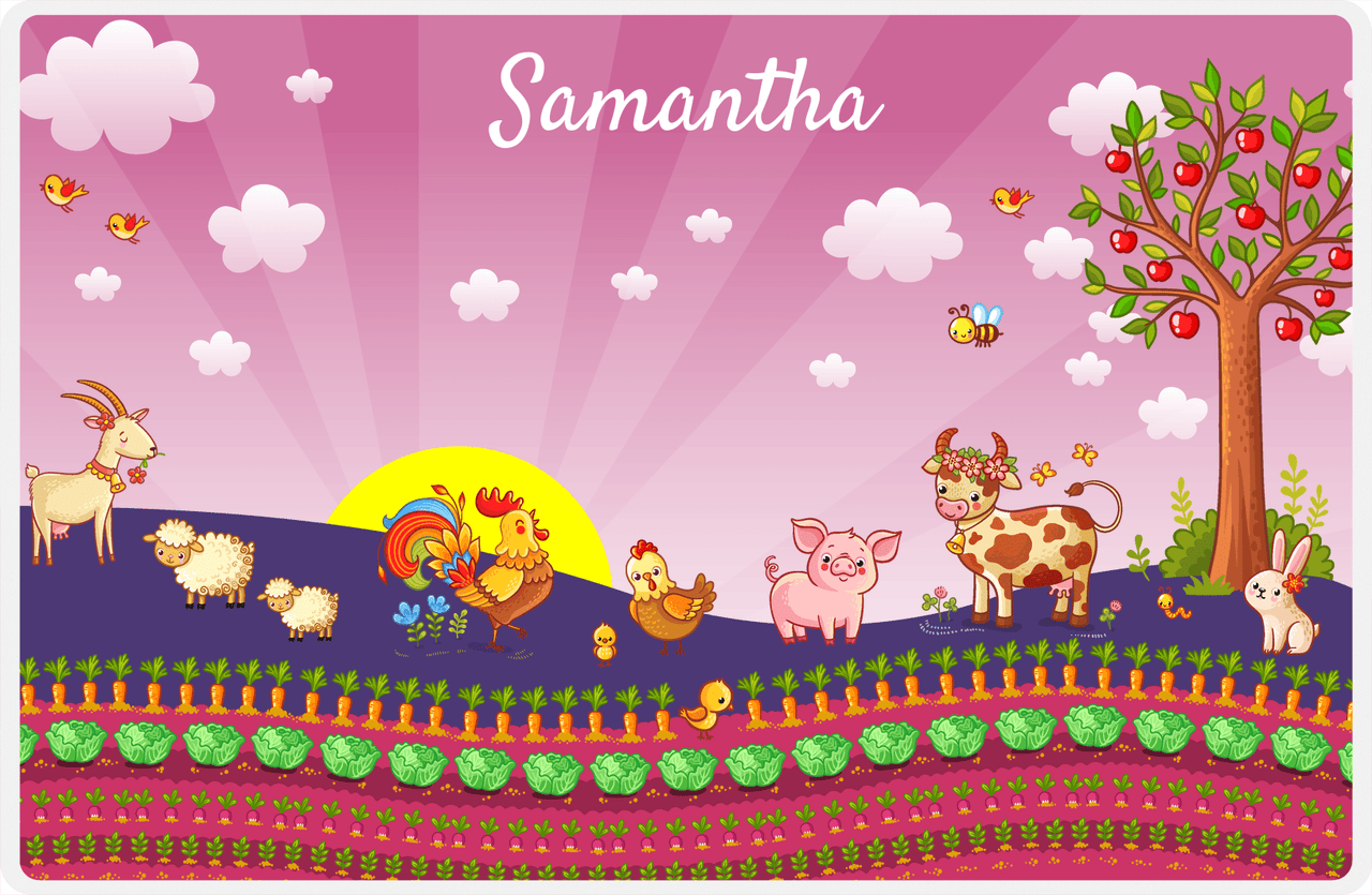 Personalized Farm Animals Placemat II - Morning Rooster - Pink Background -  View