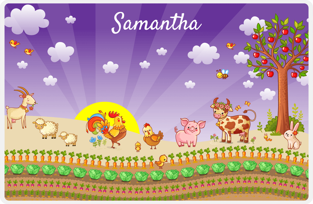 Personalized Farm Animals Placemat II - Morning Rooster - Purple Background -  View
