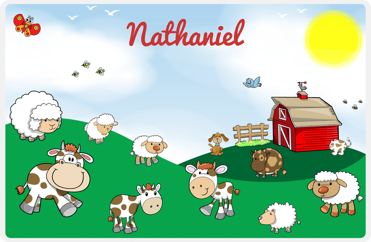 Personalized Farm Animals Placemat IV - Rolling Hills - Blue Background -  View