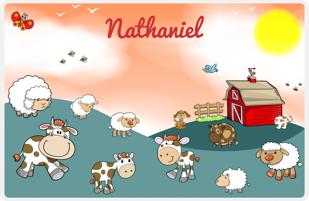Personalized Farm Animals Placemat IV - Rolling Hills - Orange Background -  View