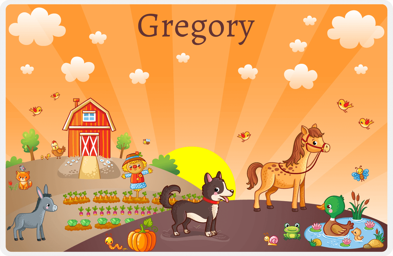Personalized Farm Animals Placemat V - Duck Pond - Orange Background -  View