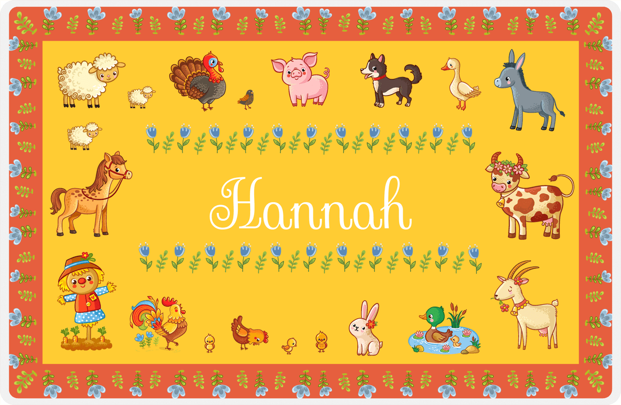 Personalized Farm Animals Placemat XIV - Flower Farm - Yellow Background -  View