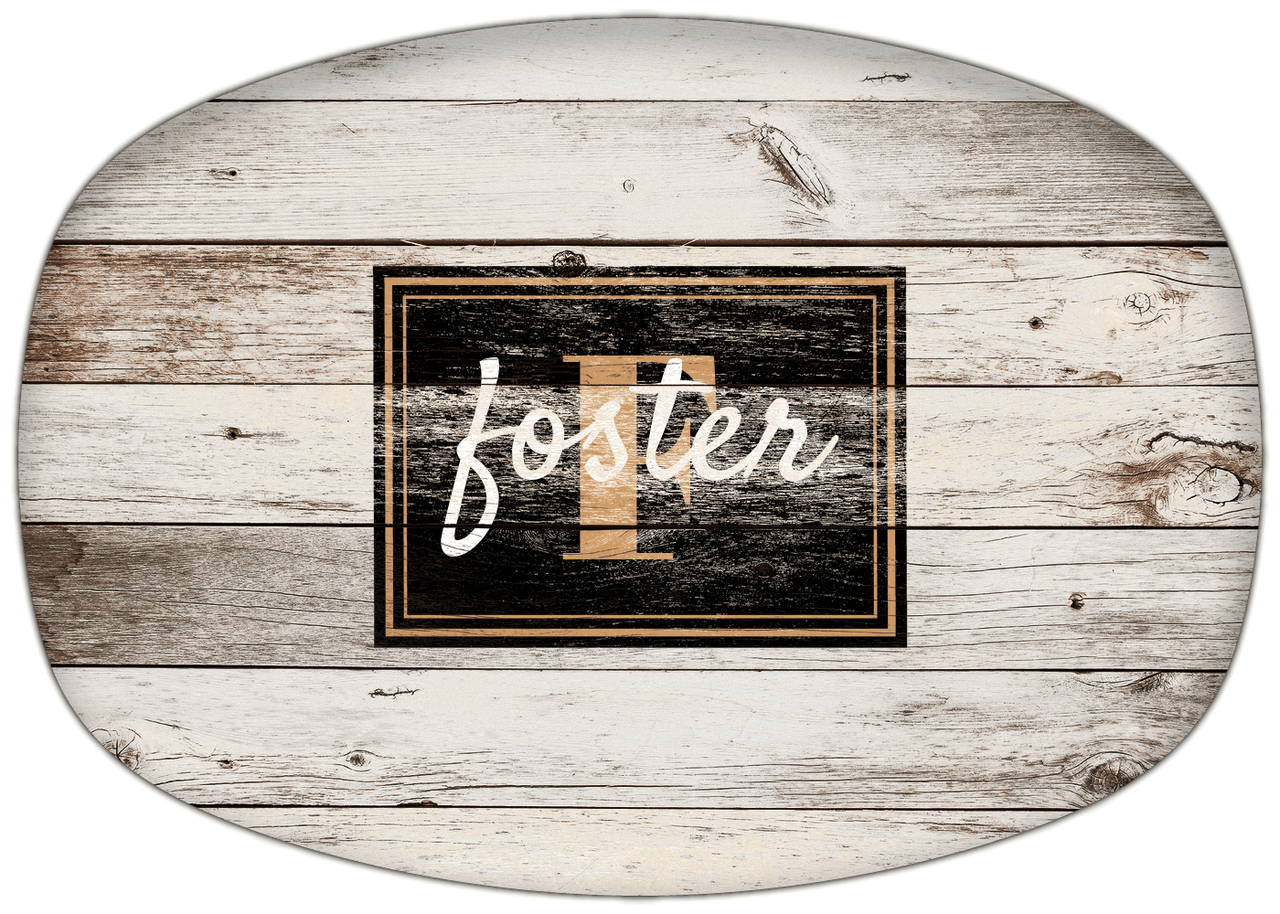 Personalized Faux Wood Grain Plastic Platter - Name Over Initial - Whitewash - Rectangle Nameplate - Front View
