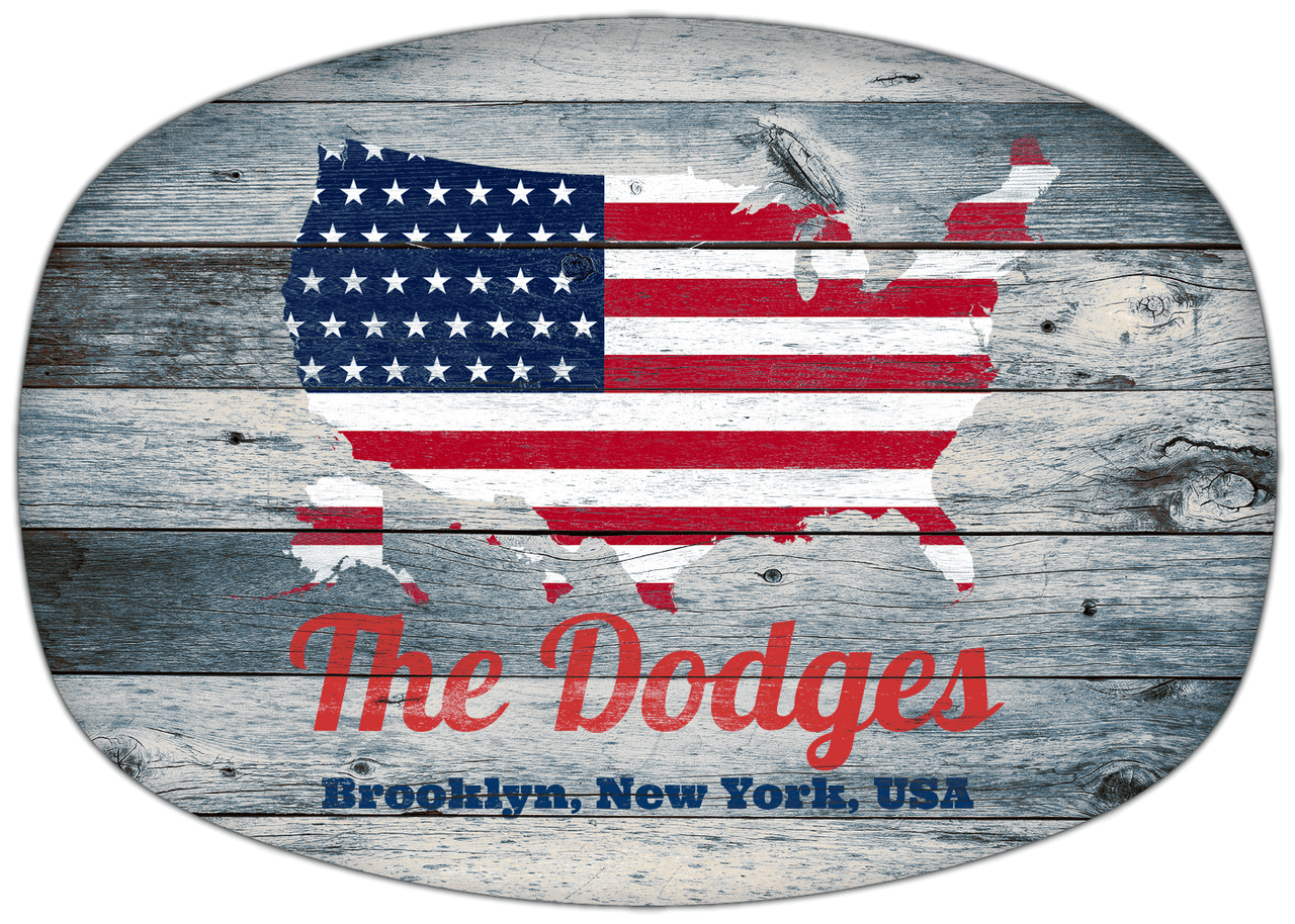 Personalized Faux Wood Grain Plastic Platter - USA Flag - Bluewash Wood - Brooklyn, New York - Front View