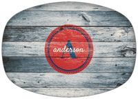 Thumbnail for Personalized Faux Wood Grain Plastic Platter - Name Over Initial - Bluewash Wood - Circle Nameplate - Front View