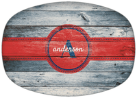 Thumbnail for Personalized Faux Wood Grain Plastic Platter - Name Over Initial - Bluewash Wood - Circle Ribbon Nameplate - Front View