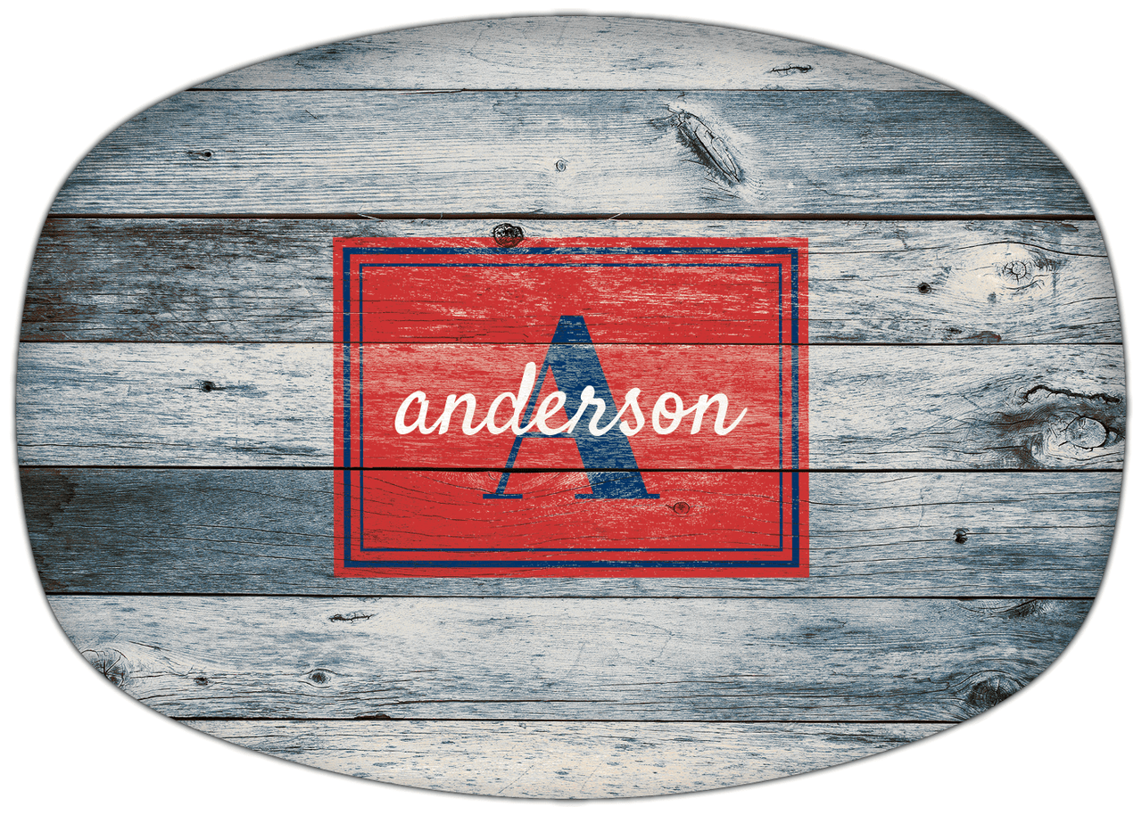 Personalized Faux Wood Grain Plastic Platter - Name Over Initial - Bluewash Wood - Rectangle Nameplate - Front View