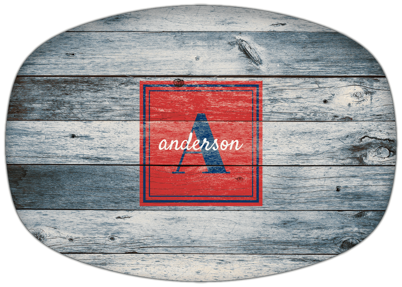 Personalized Faux Wood Grain Plastic Platter - Name Over Initial - Bluewash Wood - Square Nameplate - Front View