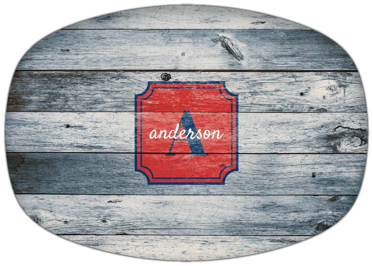 Personalized Faux Wood Grain Plastic Platter - Name Over Initial - Bluewash Wood - Stamp Nameplate - Front View