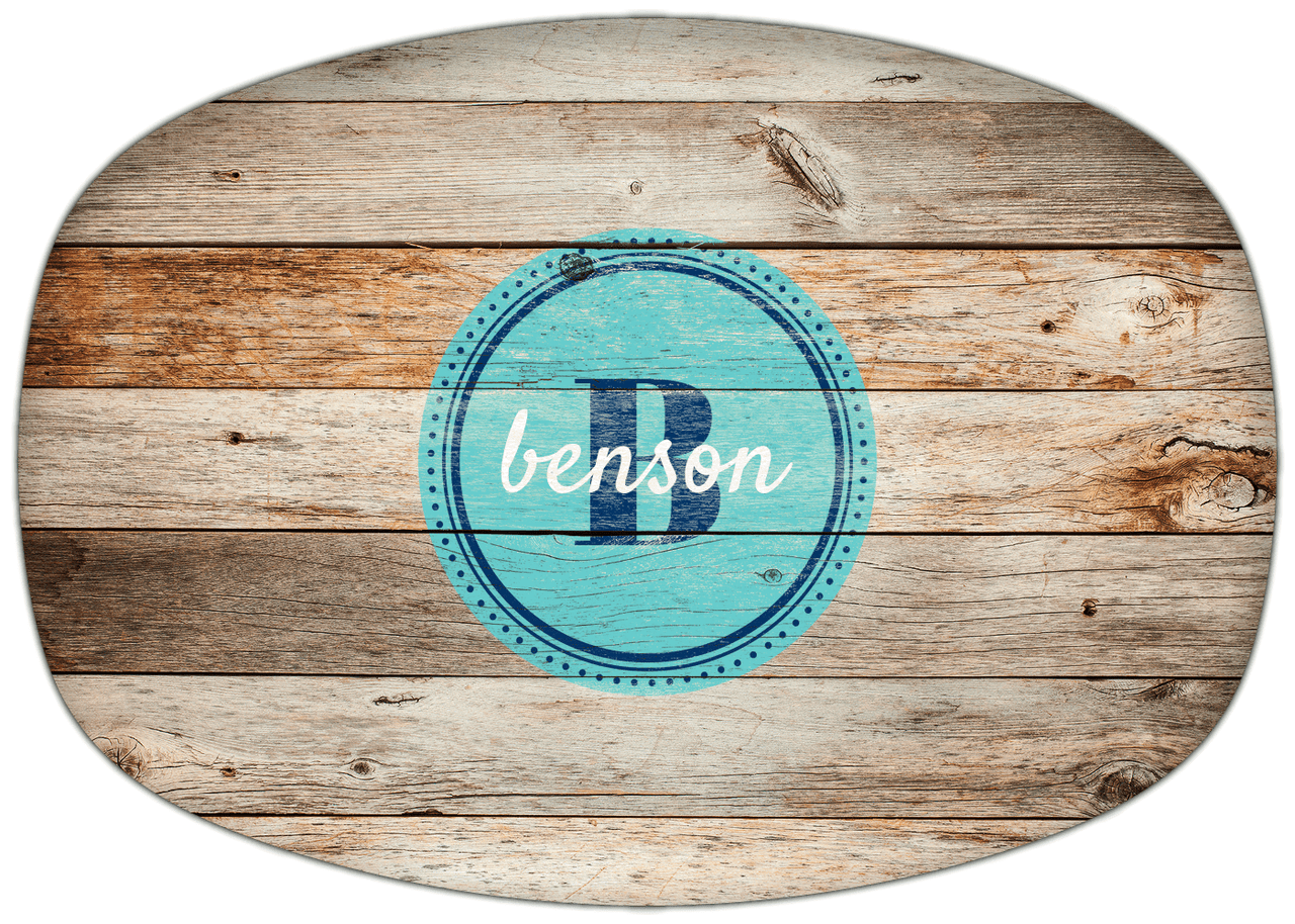 Personalized Faux Wood Grain Plastic Platter - Name Over Initial - Natural Wood - Circle Nameplate - Front View
