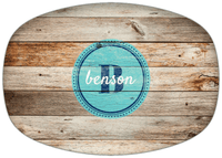 Thumbnail for Personalized Faux Wood Grain Plastic Platter - Name Over Initial - Natural Wood - Circle Nameplate - Front View