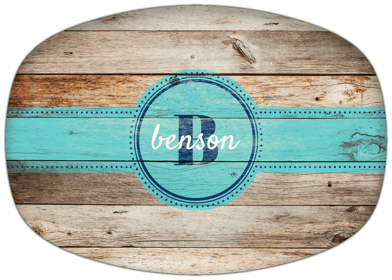 Personalized Faux Wood Grain Plastic Platter - Name Over Initial - Natural Wood - Circle Ribbon Nameplate - Front View