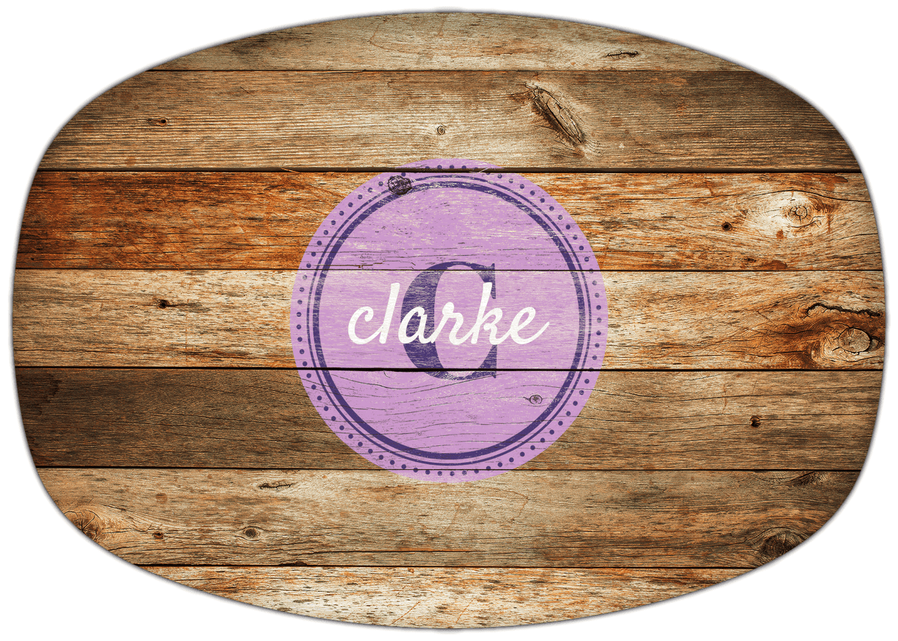 Personalized Faux Wood Grain Plastic Platter - Name Over Initial - Antique Oak - Circle Nameplate - Front View