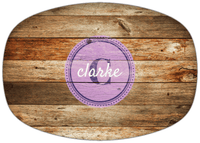 Thumbnail for Personalized Faux Wood Grain Plastic Platter - Name Over Initial - Antique Oak - Circle Nameplate - Front View