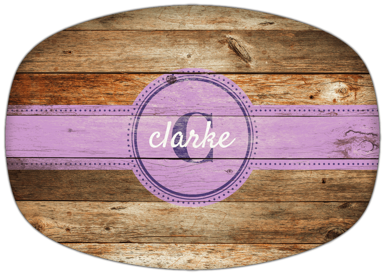 Personalized Faux Wood Grain Plastic Platter - Name Over Initial - Antique Oak - Circle Ribbon Nameplate - Front View