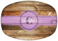 Thumbnail for Personalized Faux Wood Grain Plastic Platter - Name Over Initial - Antique Oak - Circle Ribbon Nameplate - Front View