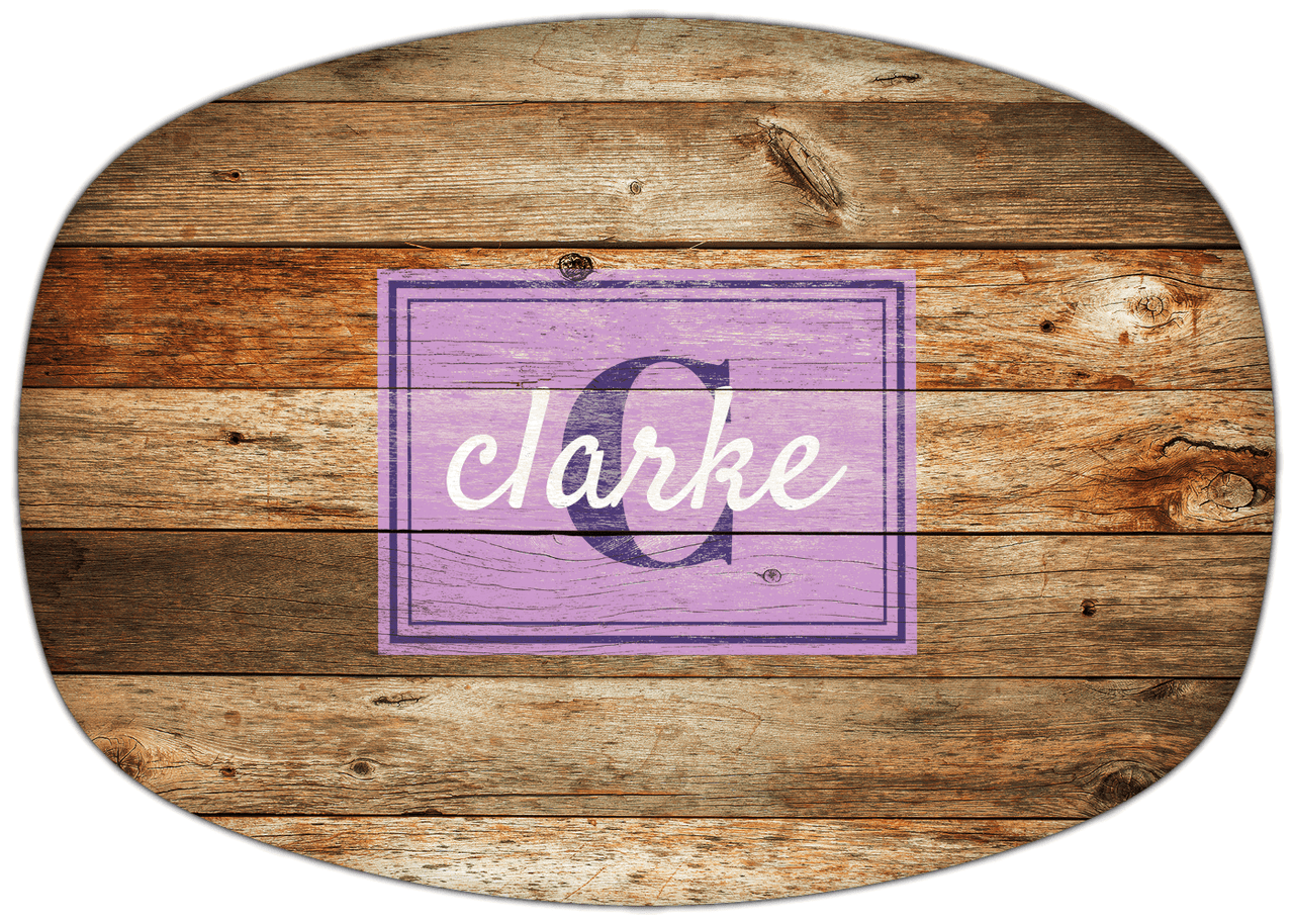 Personalized Faux Wood Grain Plastic Platter - Name Over Initial - Antique Oak - Rectangle Nameplate - Front View