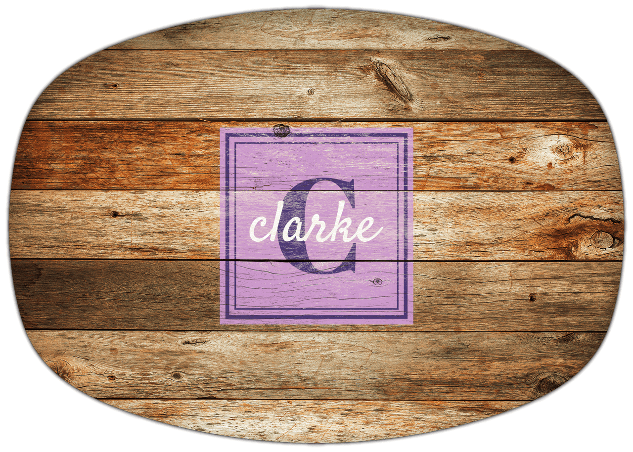 Personalized Faux Wood Grain Plastic Platter - Name Over Initial - Antique Oak - Square Nameplate - Front View