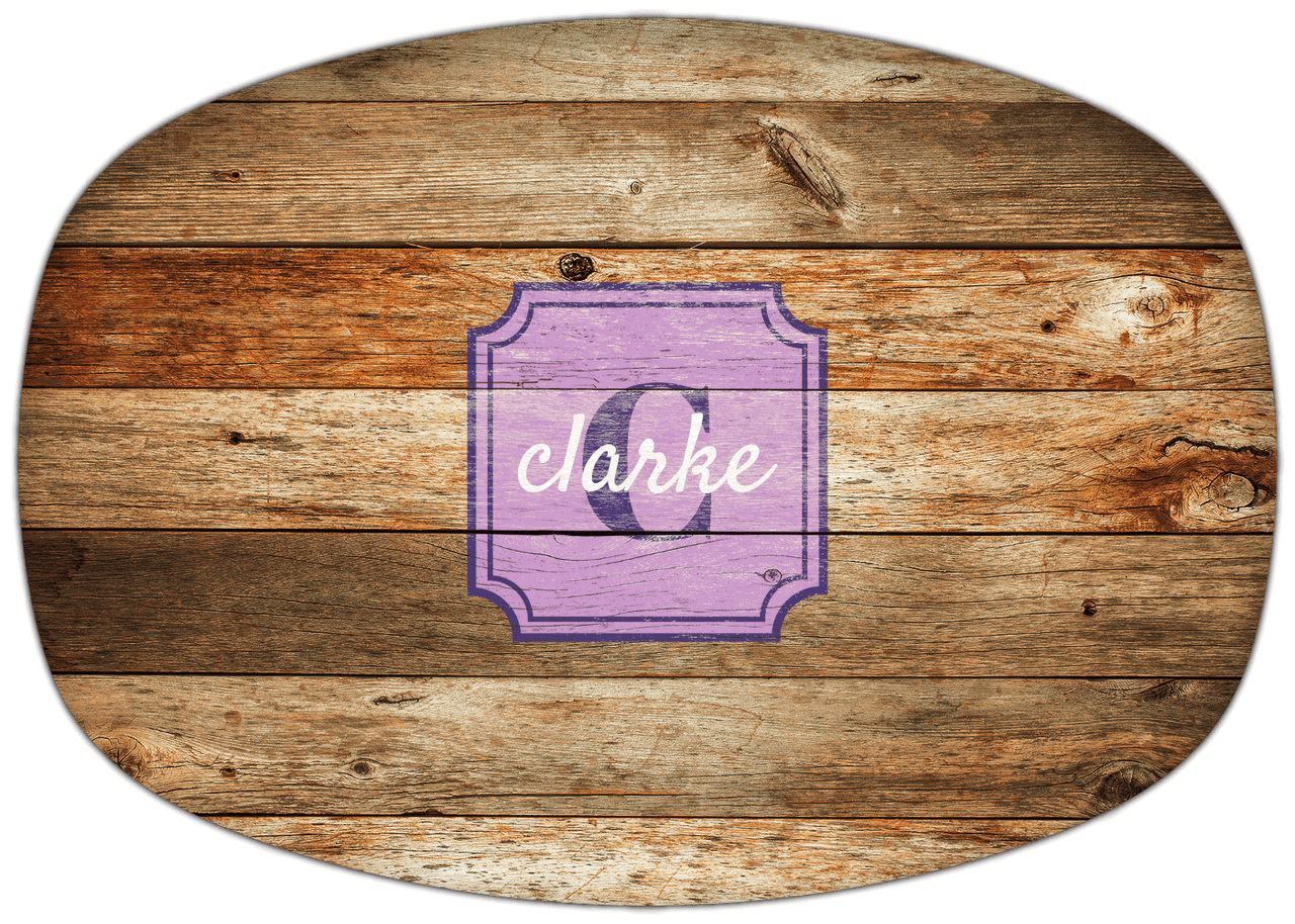 Personalized Faux Wood Grain Plastic Platter - Name Over Initial - Antique Oak - Stamp Nameplate - Front View