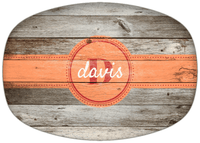 Thumbnail for Personalized Faux Wood Grain Plastic Platter - Name Over Initial - Old Grey - Circle Ribbon Nameplate - Front View