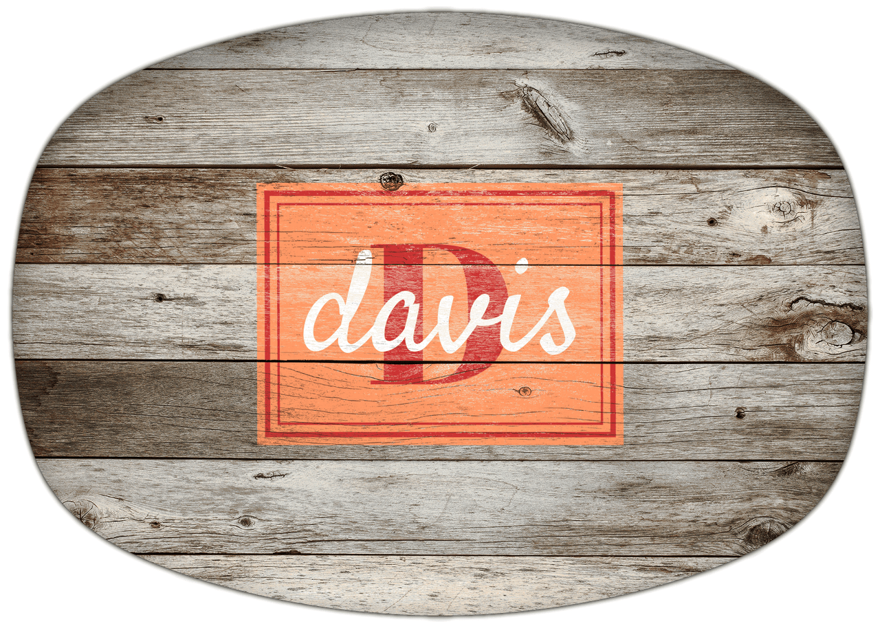 Personalized Faux Wood Grain Plastic Platter - Name Over Initial - Old Grey - Rectangle Nameplate - Front View