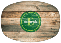 Thumbnail for Personalized Faux Wood Grain Plastic Platter - Name Over Initial - Patina - Circle Nameplate - Front View