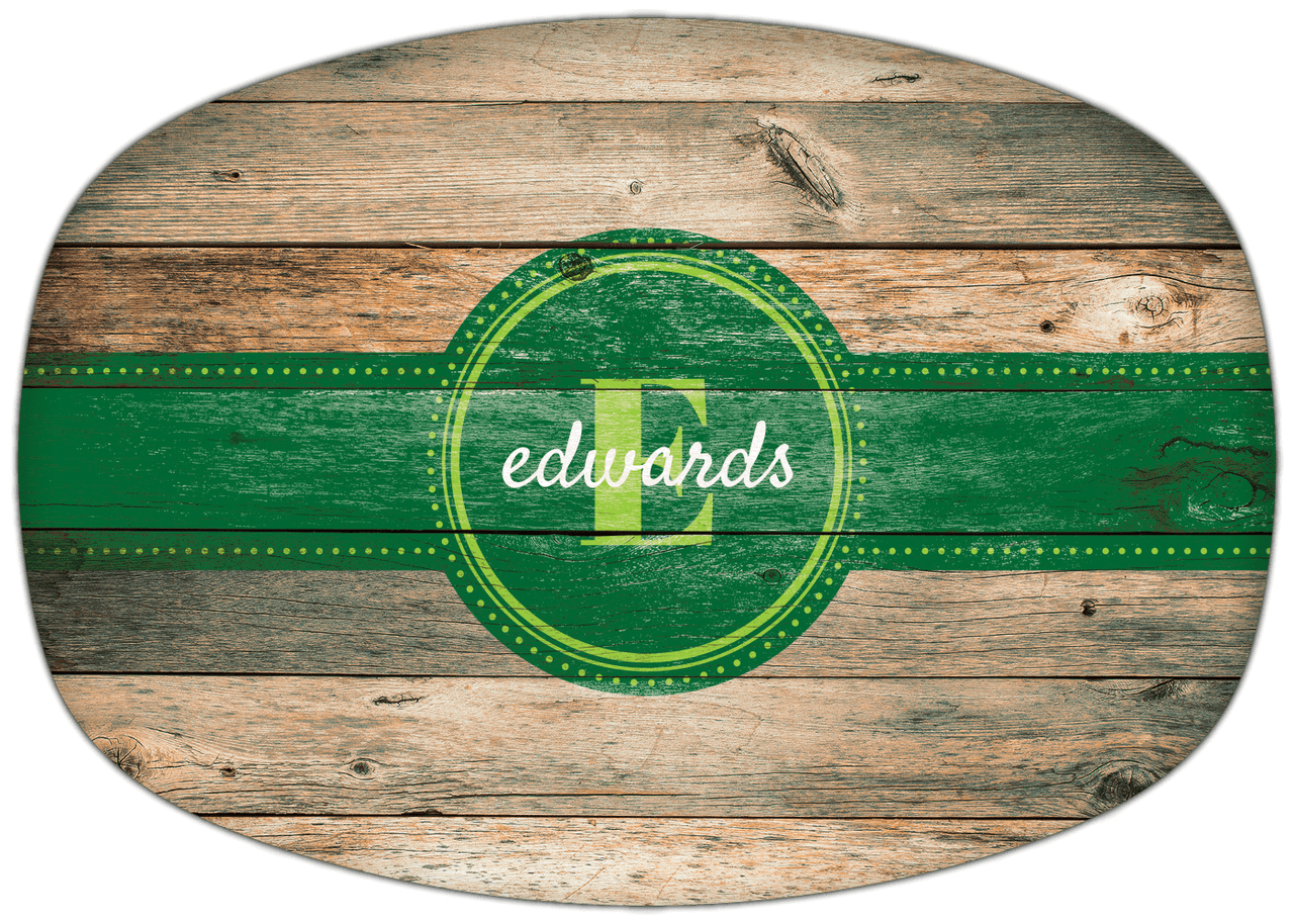 Personalized Faux Wood Grain Plastic Platter - Name Over Initial - Patina - Circle Ribbon Nameplate - Front View