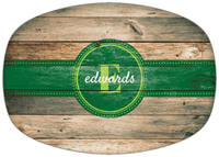 Thumbnail for Personalized Faux Wood Grain Plastic Platter - Name Over Initial - Patina - Circle Ribbon Nameplate - Front View