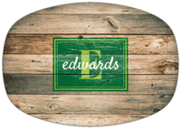 Thumbnail for Personalized Faux Wood Grain Plastic Platter - Name Over Initial - Patina - Rectangle Nameplate - Front View