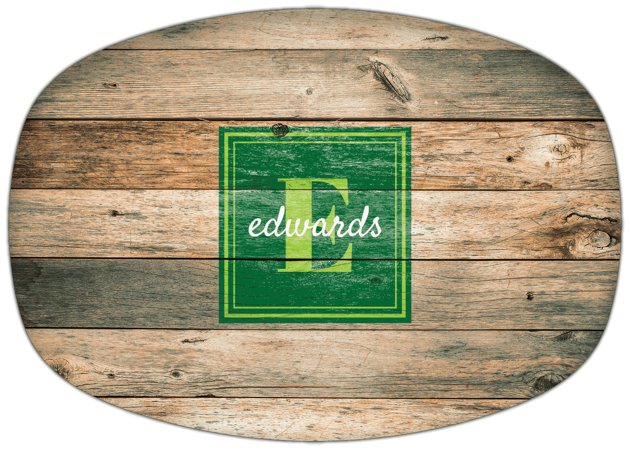 Personalized Faux Wood Grain Plastic Platter - Name Over Initial - Patina - Square Nameplate - Front View