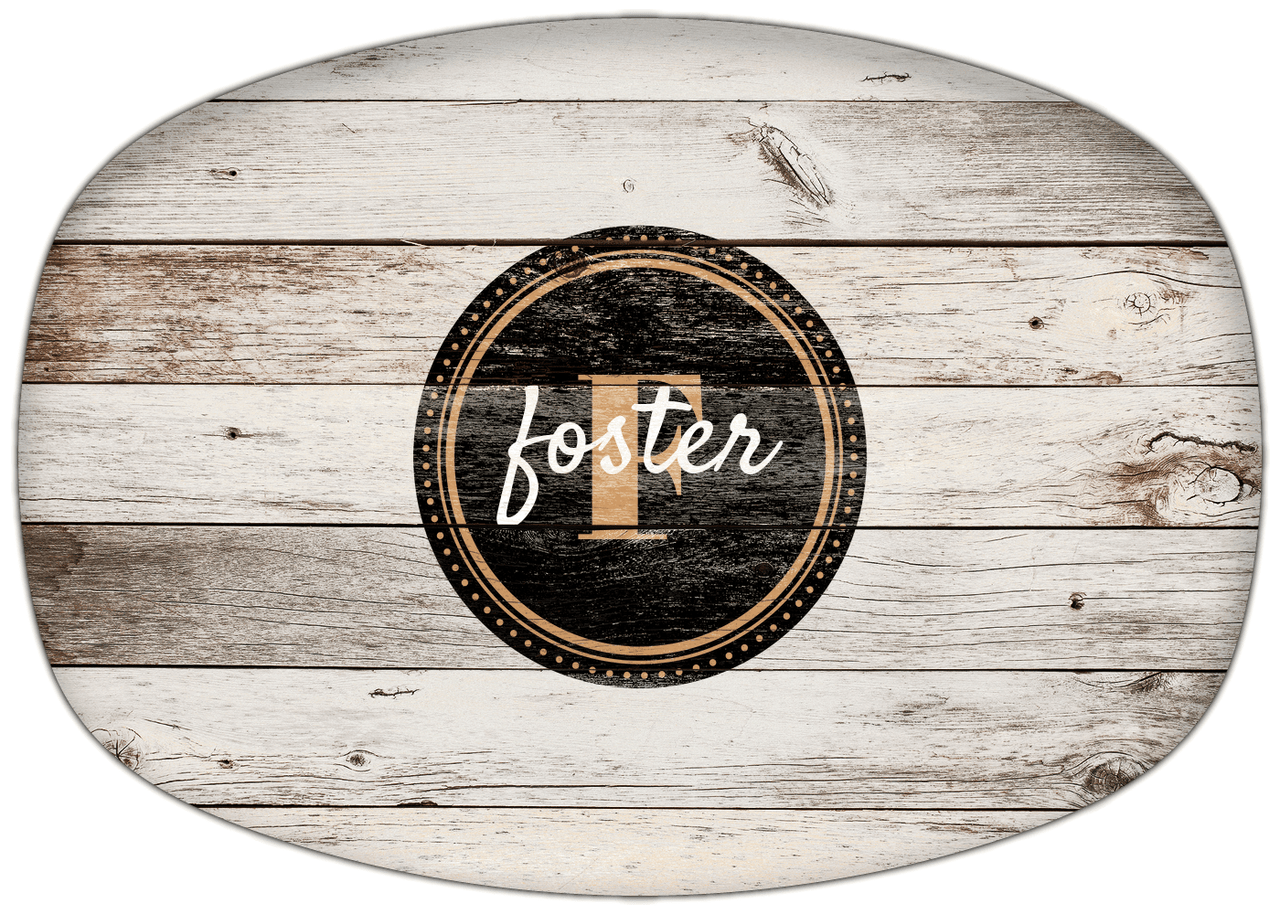 Personalized Faux Wood Grain Plastic Platter - Name Over Initial - Whitewash - Circle Nameplate - Front View