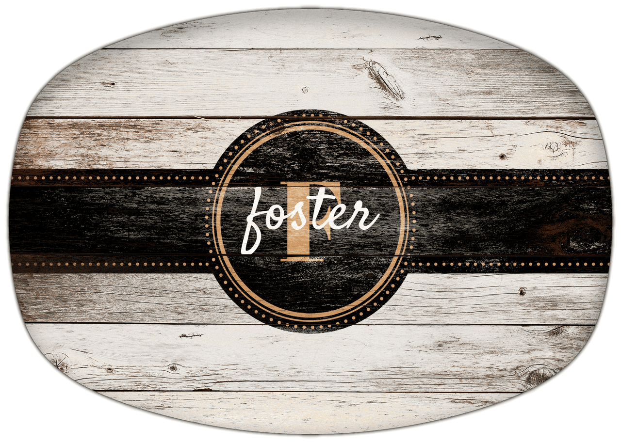 Personalized Faux Wood Grain Plastic Platter - Name Over Initial - Whitewash - Circle Ribbon Nameplate - Front View