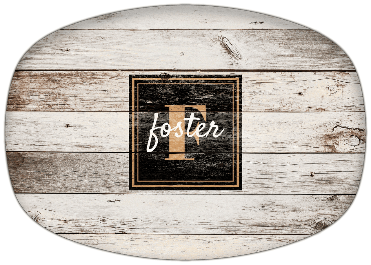 Personalized Faux Wood Grain Plastic Platter - Name Over Initial - Whitewash - Square Nameplate - Front View