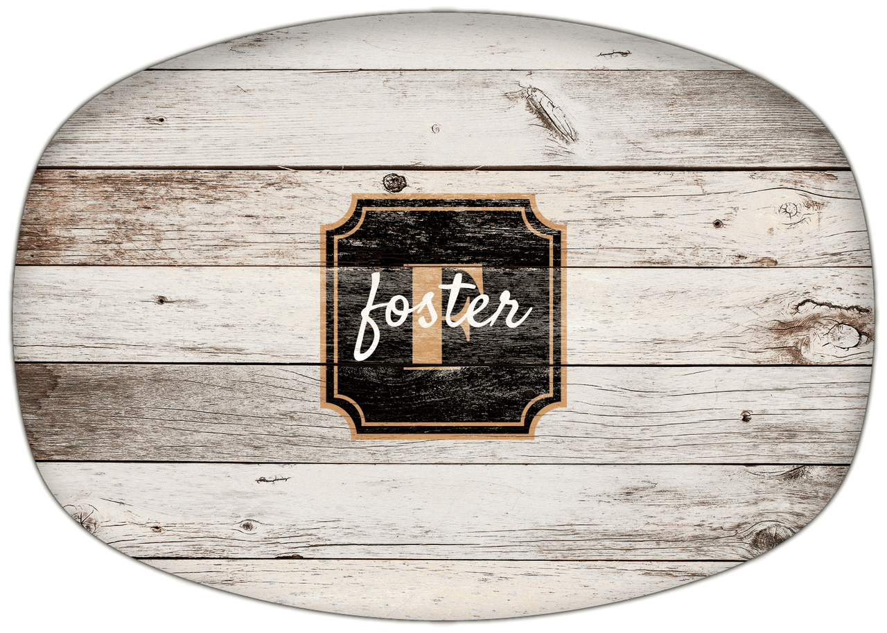 Personalized Faux Wood Grain Plastic Platter - Name Over Initial - Whitewash - Stamp Nameplate - Front View
