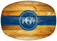 Thumbnail for Personalized Faux Wood Grain Plastic Platter - Name Over Initial - Sun Burst - Circle Ribbon Nameplate - Front View
