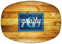 Thumbnail for Personalized Faux Wood Grain Plastic Platter - Name Over Initial - Sun Burst - Rectangle Nameplate - Front View