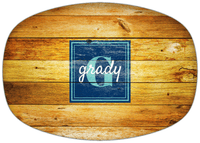 Thumbnail for Personalized Faux Wood Grain Plastic Platter - Name Over Initial - Sun Burst - Square Nameplate - Front View