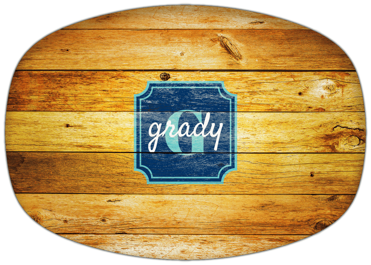 Personalized Faux Wood Grain Plastic Platter - Name Over Initial - Sun Burst - Stamp Nameplate - Front View