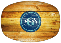Thumbnail for Personalized Faux Wood Grain Plastic Platter - Name Over Initial - Sun Burst - Circle Nameplate - Front View